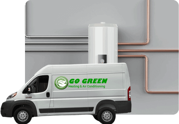 A white delivery van with the logo 'GO GREEN Heating & Air Conditioning' parked in front of an industrial boiler and copper pipes mounted on a gray wall.