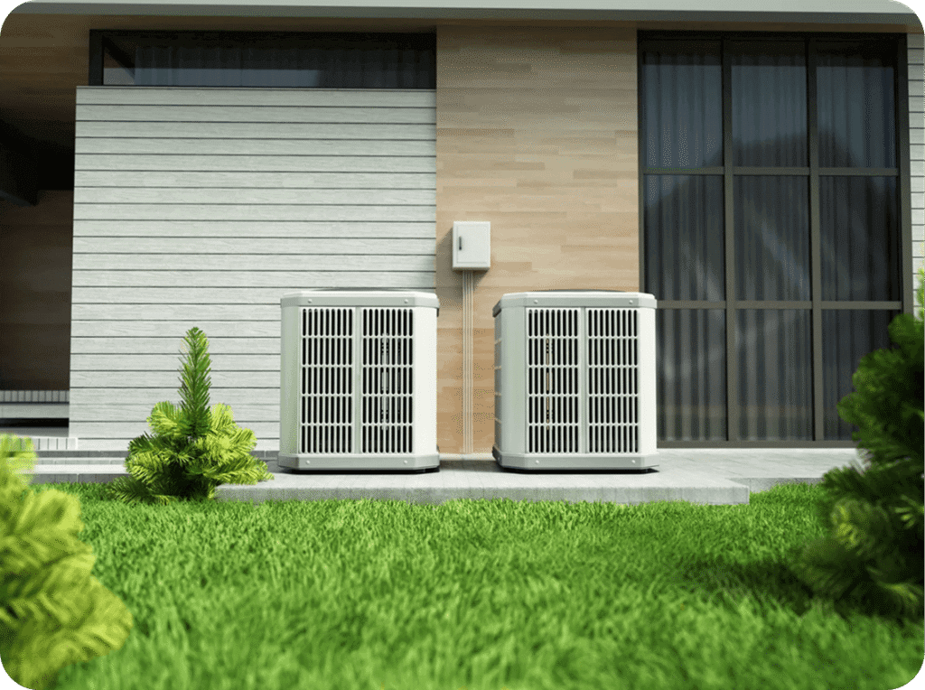 Two air conditioning units outside a modern house with a beige and gray exterior, surrounded by green grass and small bushes.