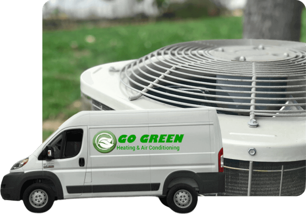 A white utility van with a green logo reading "GO GREEN Heating & Air Conditioning" parked in front of a large outdoor air conditioning unit.