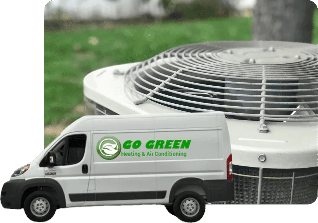 A white service van with the green logo and text 'GO GREEN Heating & Air Conditioning' parked next to a large outdoor air conditioning unit, with a background of grass and trees.