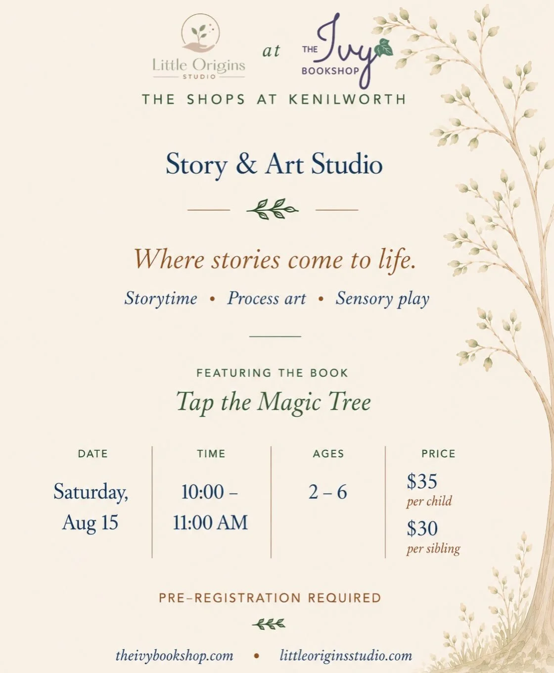 Registration is now open for Story &amp; Art Studio at The Ivy at The Shops at Kenilworth | Saturday, August 15th | 10-11am. 

 🌿Use code ORIGIN5 for $5 off your registration (first few spots)

Registration link in the bio!