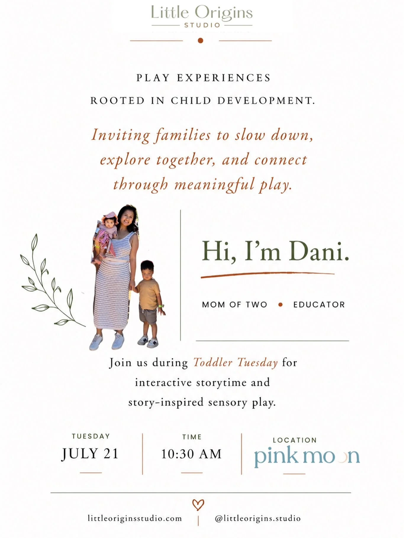 Join us for Toddler Tuesday at Pink Moon Bethesda! 💗 A fun 30-minute introduction to Little Origins Studio.

We&rsquo;d love to see you there. ✨