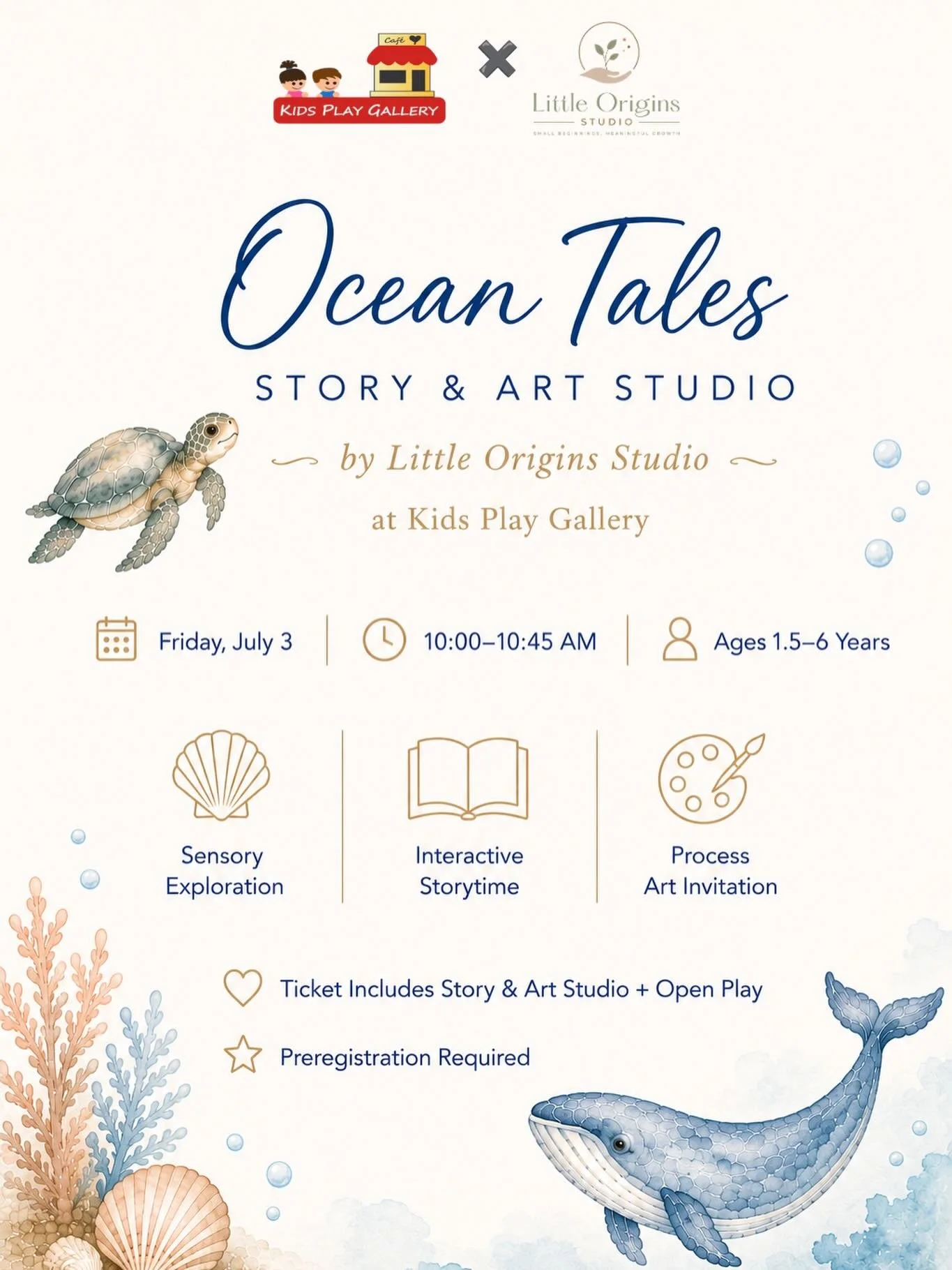 🌊 Ocean Tales: Story &amp; Art Studio

Join us for a special Story &amp; Art Studio experience inspired by the ocean.

📍 Kids Play Gallery
📅 July 3
⏰ 10:00&ndash;10:45 AM

Tickets include Story &amp; Art Studio + open play.

Space is limited. Regi