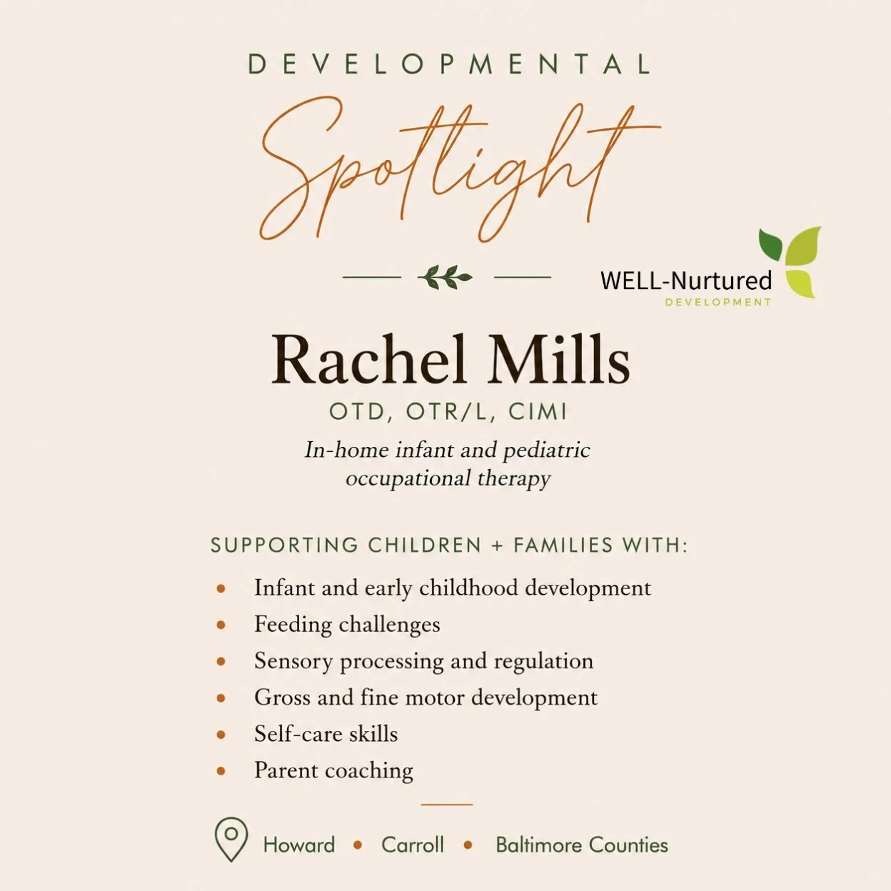 Developmental Spotlight ✨

Featuring Rachel Mills, OTD, OTR/L, CIMI with WELL-Nurtured Development.

Rachel&rsquo;s approach is family-centered, child-led, neurodiversity-affirming, and individualized to each child and family. She is especially passi