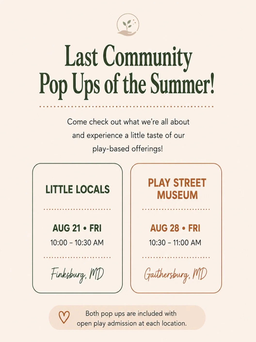 A little taste of Little Origins, coming to two local play spaces. 🌿

These Community Pop-Ups are a chance to come play, explore, and experience a little taste of our developmentally informed, play-based offerings.

Whether you&rsquo;re new to Littl