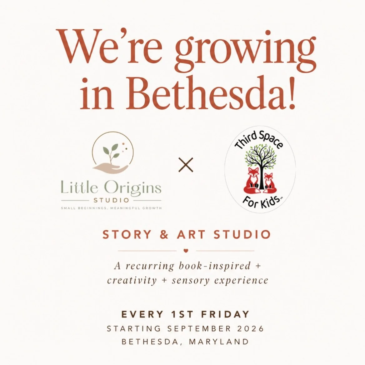 We&rsquo;re growing in Bethesda! 🌱

So excited to share that Little Origins Studio is partnering with Third Space for Kids to bring Story &amp; Art Studio to their community every 1st Friday!

Third Space was created as a place beyond home and schoo