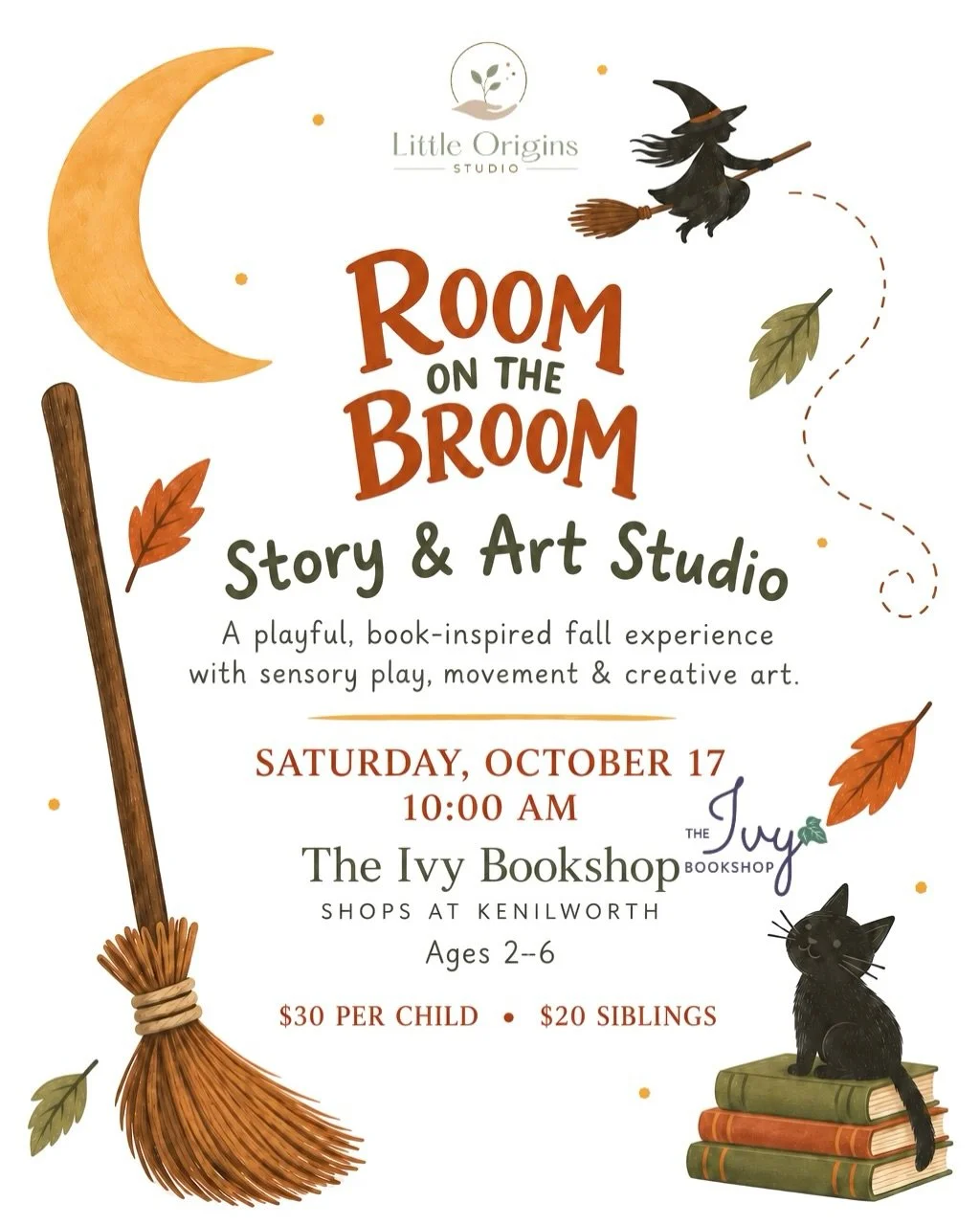 Registration is now open for Story &amp; Art Studio at The Ivy Bookshop! 🧹

Join us for a playful, Room on the Broom-inspired fall experience with movement, creative art, and sensory play.

📅 Saturday, October 17 | 10&ndash;11 AM
📍 The Ivy Booksho