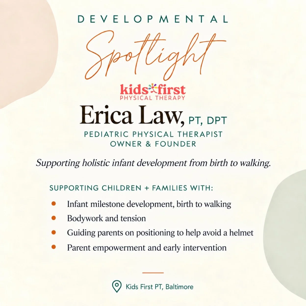 Developmental Spotlight ✨

Meet Erica Law, PT, DPT, pediatric physical therapist and owner and founder of Kids First PT.

Erica supports little ones&rsquo; development while empowering parents with the knowledge and confidence to help their babies at