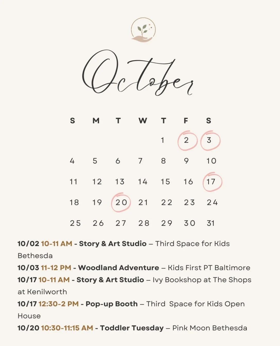 October at Little Origins 🎃

✨ Story &amp; Art Studio continues every first Friday at Third Space for Kids in Bethesda.
✨ Woodland Adventure is coming to Kids First PT in Baltimore.
✨ Story &amp; Art is back at The Ivy Bookshop at The Shops at Kenil