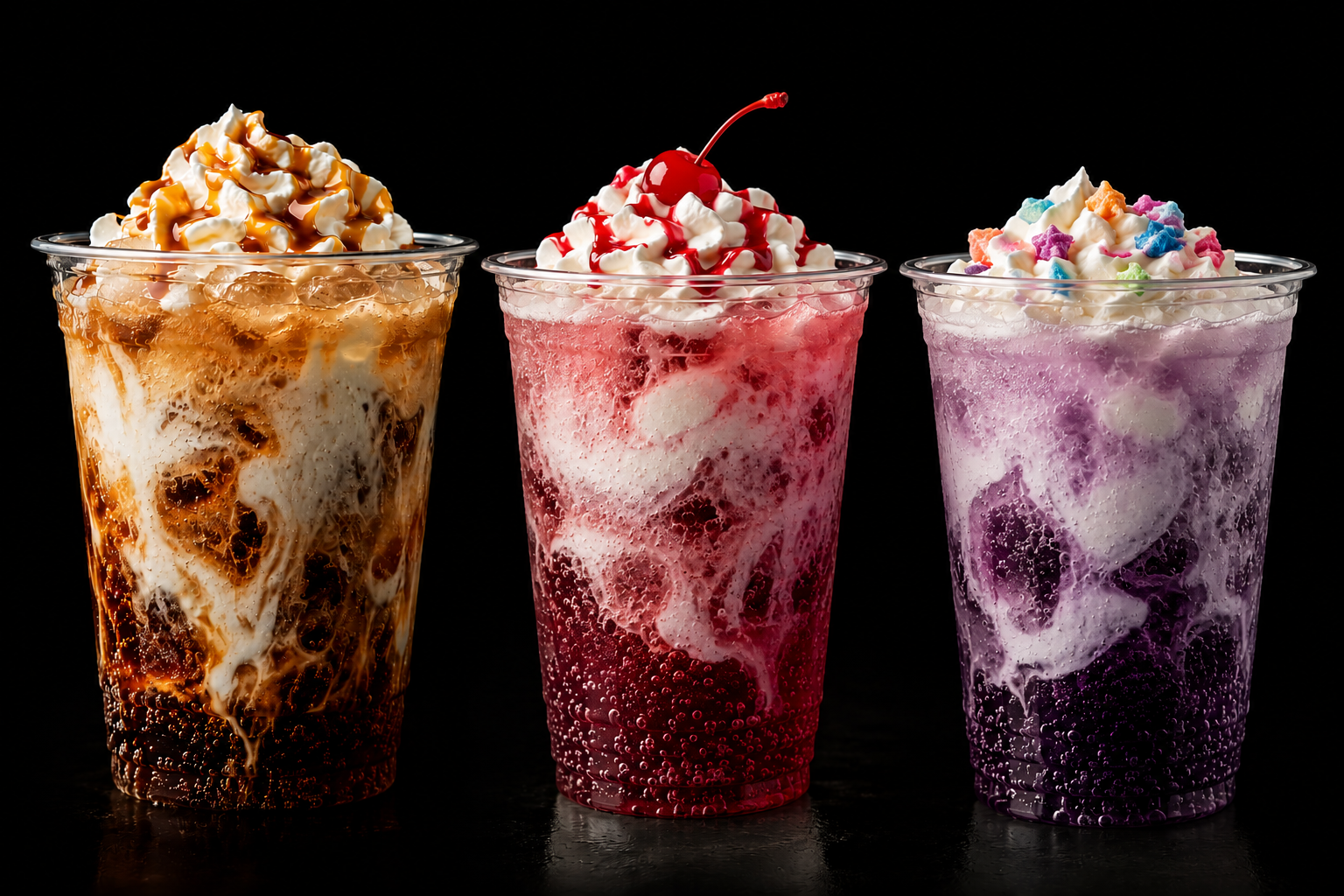 Three colorful milkshakes topped with whipped cream and various toppings on a black background