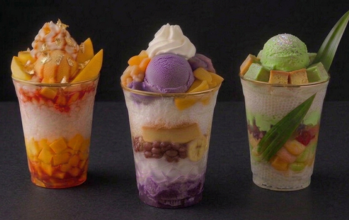 Three cups of colorful parfait desserts with fruit, ice cream, and toppings on a black background.