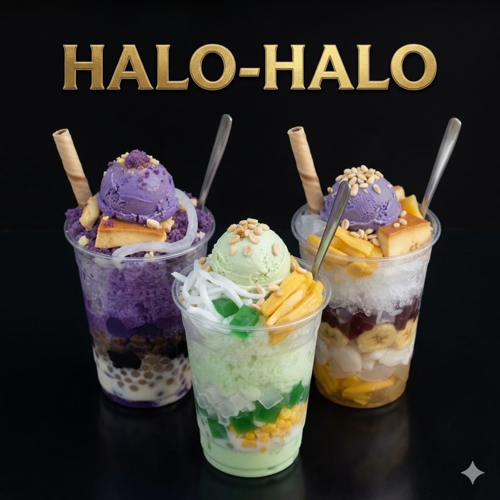 Three cups of colorful halo-halo dessert with shaved ice, jellies, sweet beans, and ice cream, topped with purple and green scoops of ice cream, wafers, and wafers, against a black background with gold 'HALO-HALO' text.