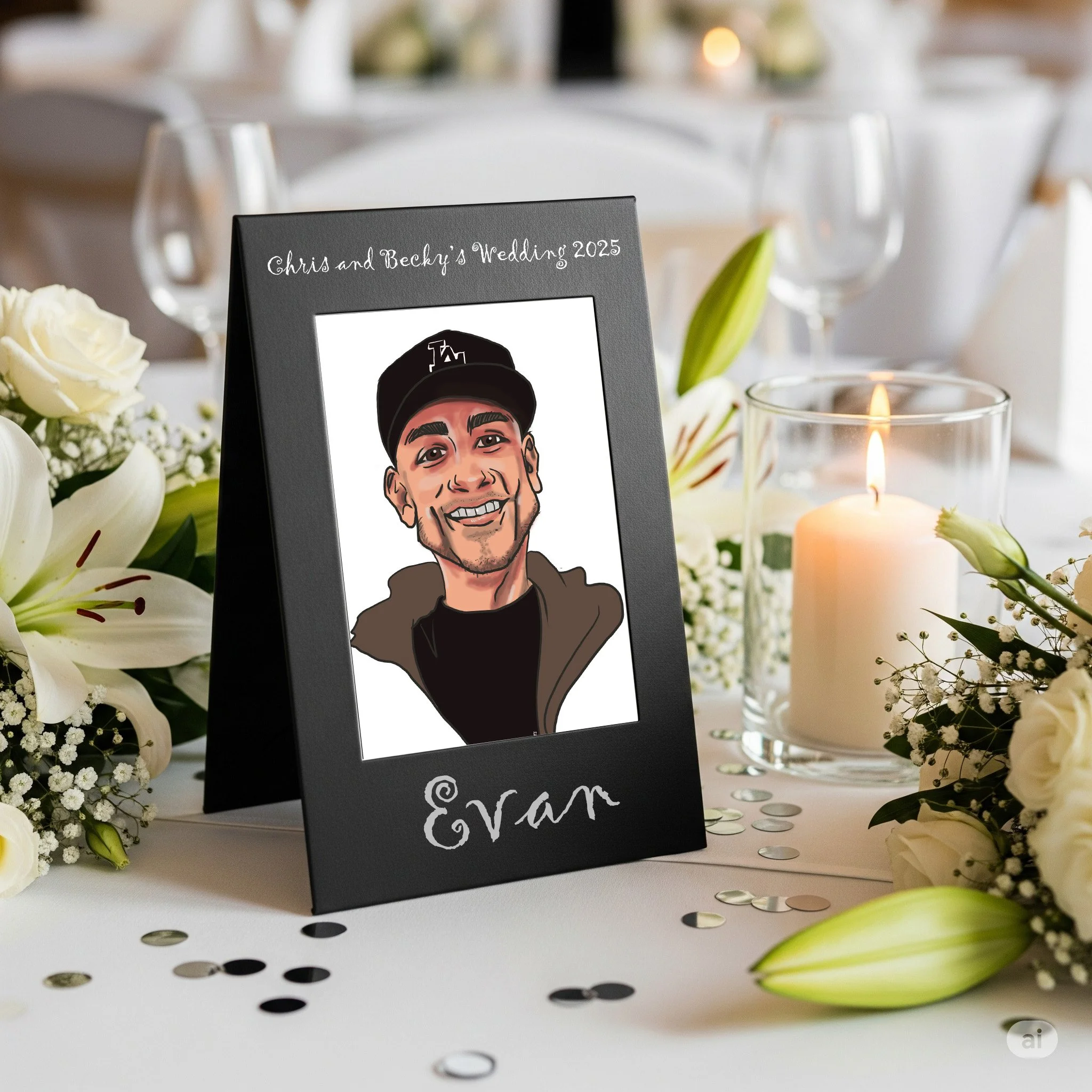 A wedding table centerpiece with flowers, candles, a framed caricature photo labeled 'Chris and Becky's Wedding 2025', and a black 'Evan' sign on a white table with black and silver confetti.