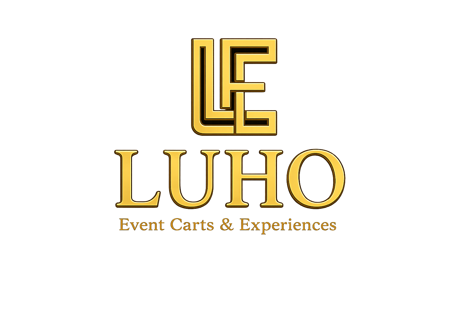 Golden logo with stylized initials 'L' and 'E' above the name 'LUHO' in large gold letters, with the tagline 'Event Carts & Experiences' underneath.