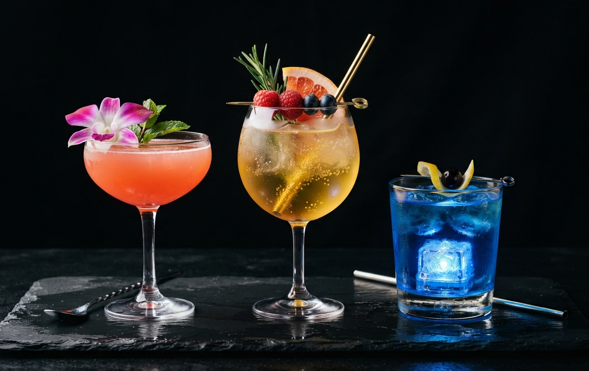 Three colorful cocktails on a black slate surface against a black background; the left cocktail is pink with a flower garnish, the middle is yellow with berries and a slice of grapefruit, and the right is blue with a lemon twist.