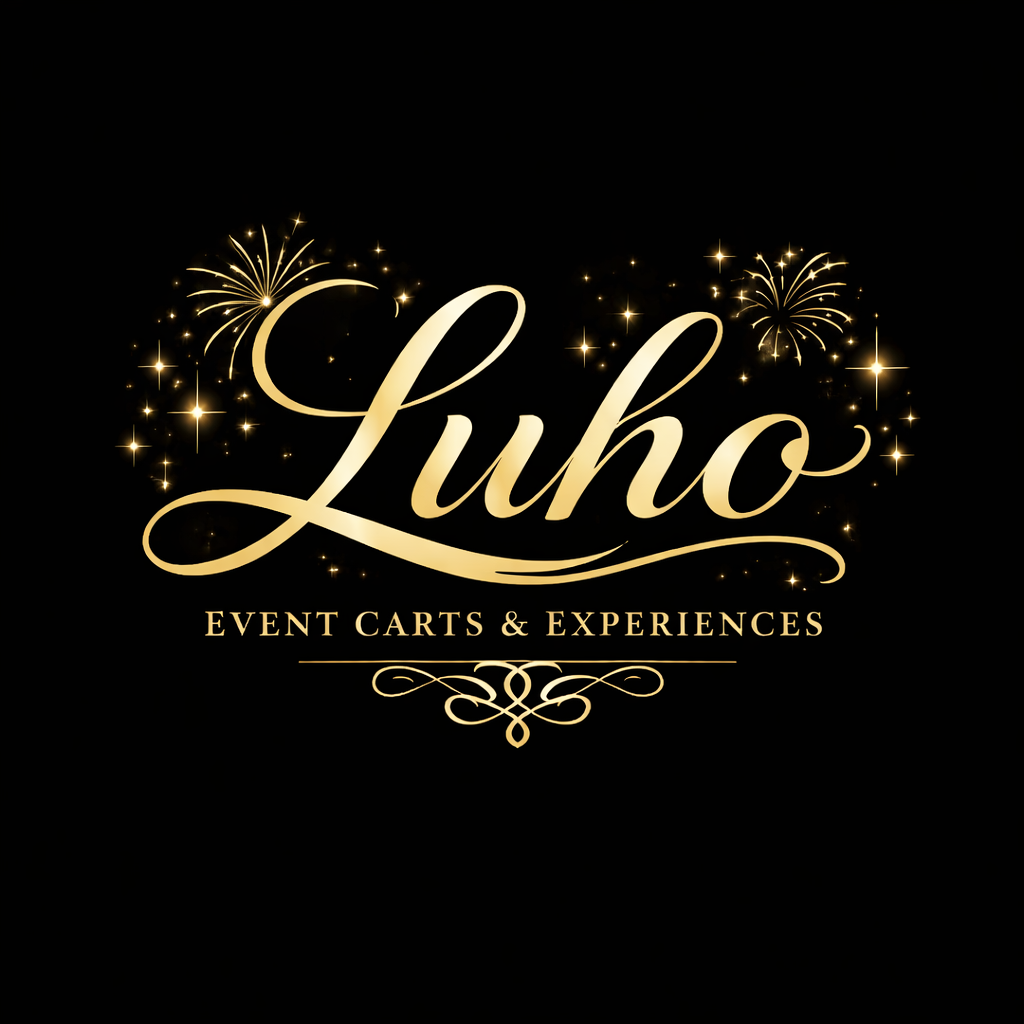Black background with gold text and fireworks, displaying 'Luho' and 'Event Carts & Experiences'.