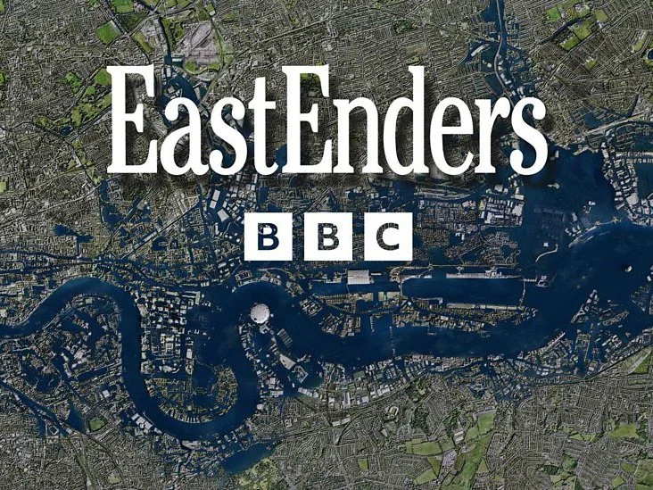 Map of London with the title 'EastEnders' and the BBC logo displayed over the city.