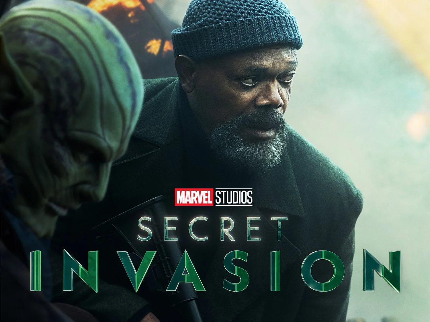 A promotional poster for Marvel Studios' "Secret Invasion" featuring a man with a beard and wearing a blue knit cap, holding a firearm, with a background of chaos and fires, and text indicating streaming on Hulu and Disney+.