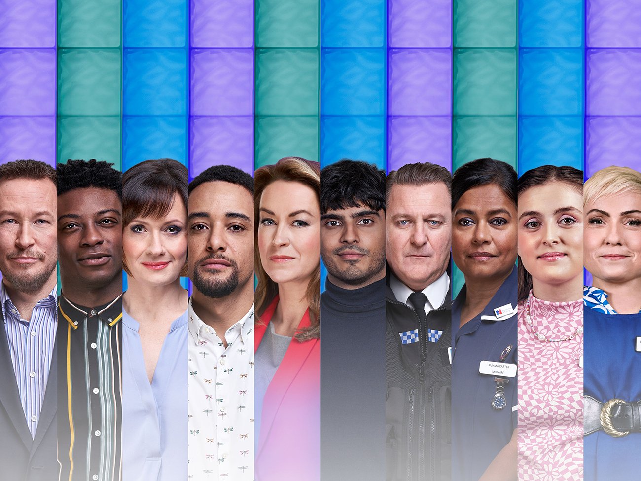 A diverse group of 13 people standing together in front of a colorful, abstract background. They are dressed in various professional and casual clothing.
