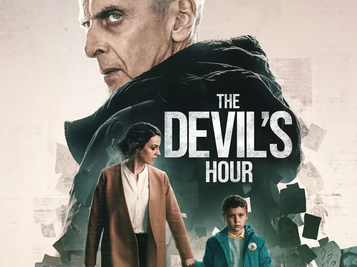 Poster for the TV show "The Devil's Hour" featuring a serious-looking older man with gray hair, a woman holding a child's hand, with scattered notes and photographs in the background.