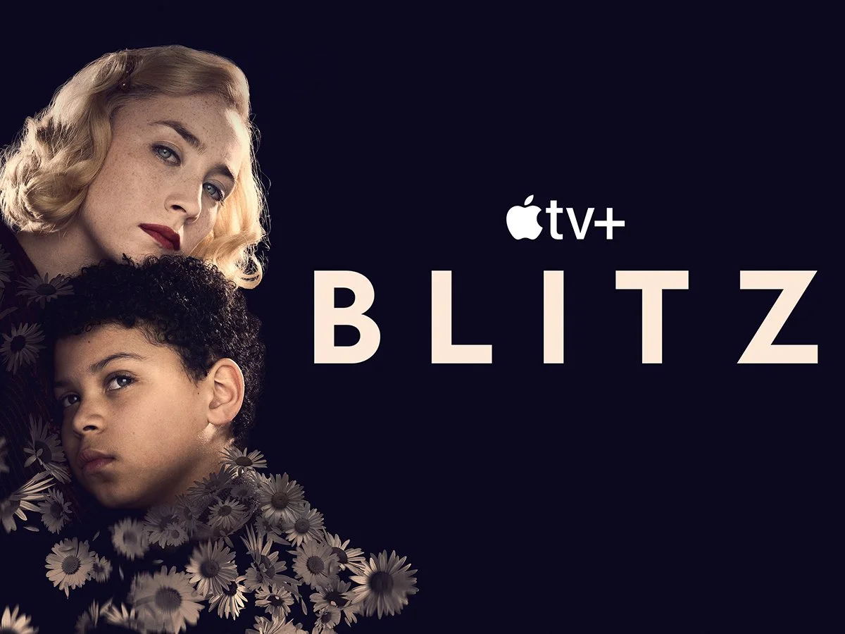 Promotional poster for the TV series 'Blitz' featuring a woman with blonde hair and a boy with curly hair, surrounded by daisies, with 'Apple TV+' written on the right.