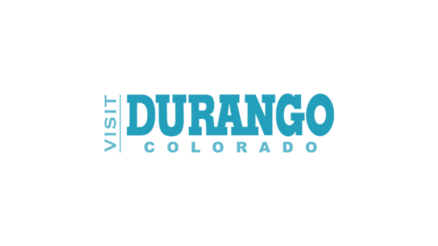 Logo for Visit Durango Colorado with the word 'Durango' in large blue letters, 'Visit' vertically aligned in smaller font to the left, and 'Colorado' below in smaller font.