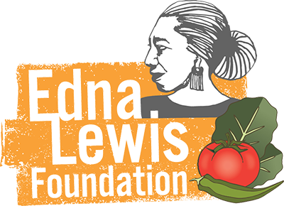Illustration of Edna Lewis with her hair in a bun and earrings, alongside a green leaf with a tomato, representing the Edna Lewis Foundation logo.