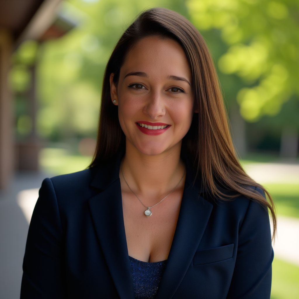 A smiling woman with brown hair, wearing a navy blazer and a pearl necklace, standing outdoors with trees and sunlight in the background.
