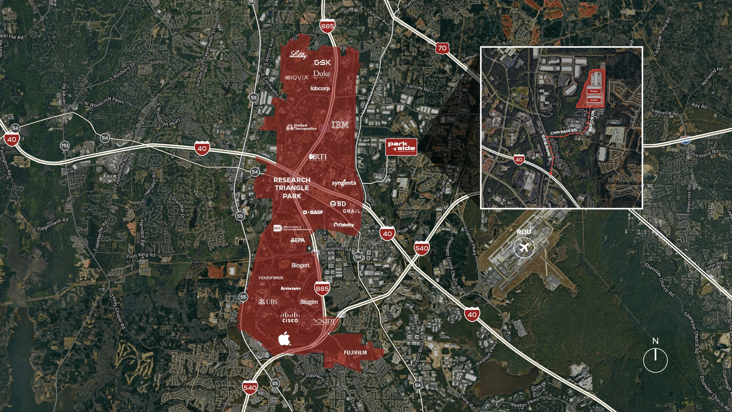 Map of the Research Triangle Park area in North Carolina, highlighting major companies and landmarks, highways, and roads