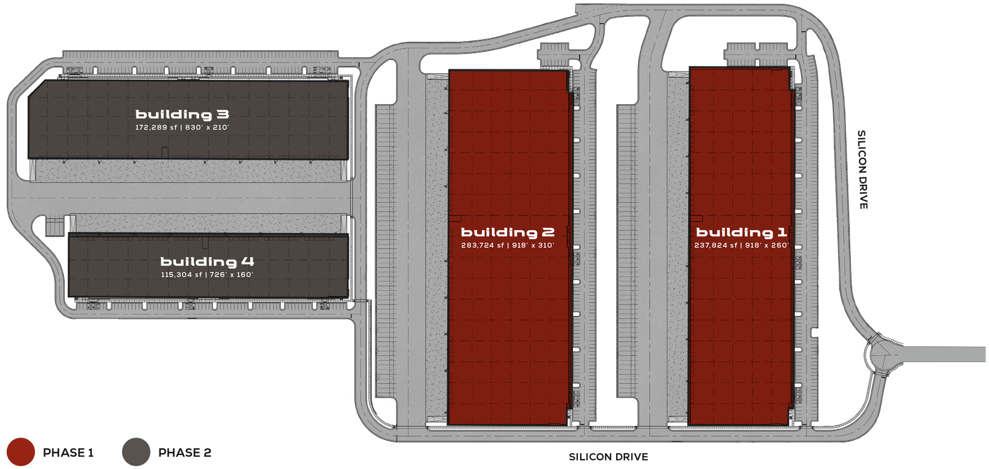 Site plan showing four buildings: Building 1, Building 2, Building 3, and Building 4, with designated square footage and dimensions