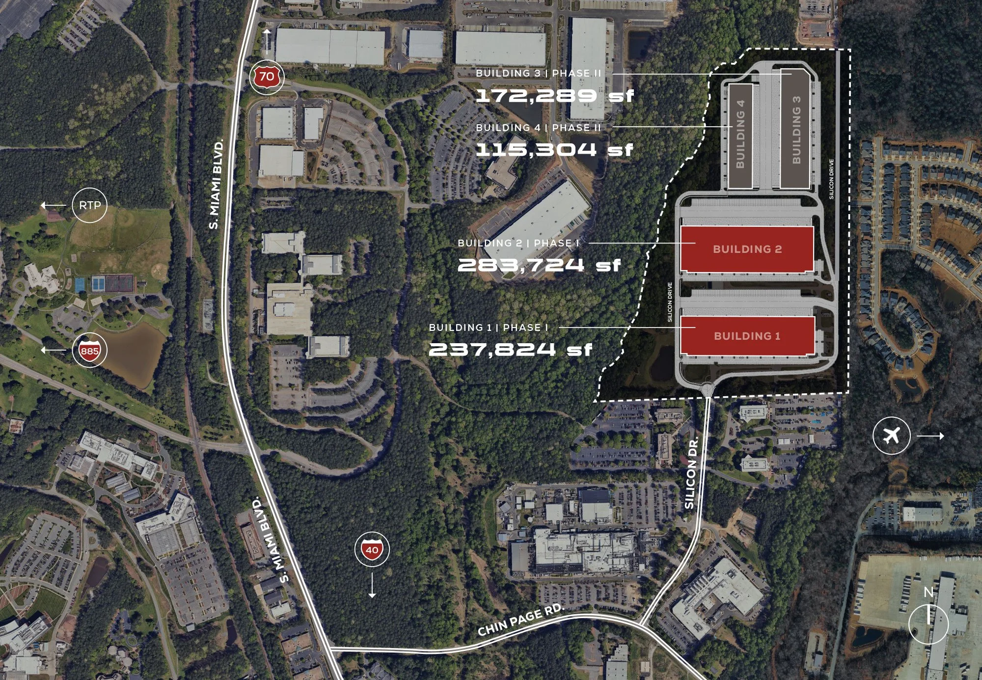 Satellite view of the Parkside Commerce Center highlighting access and project phases
