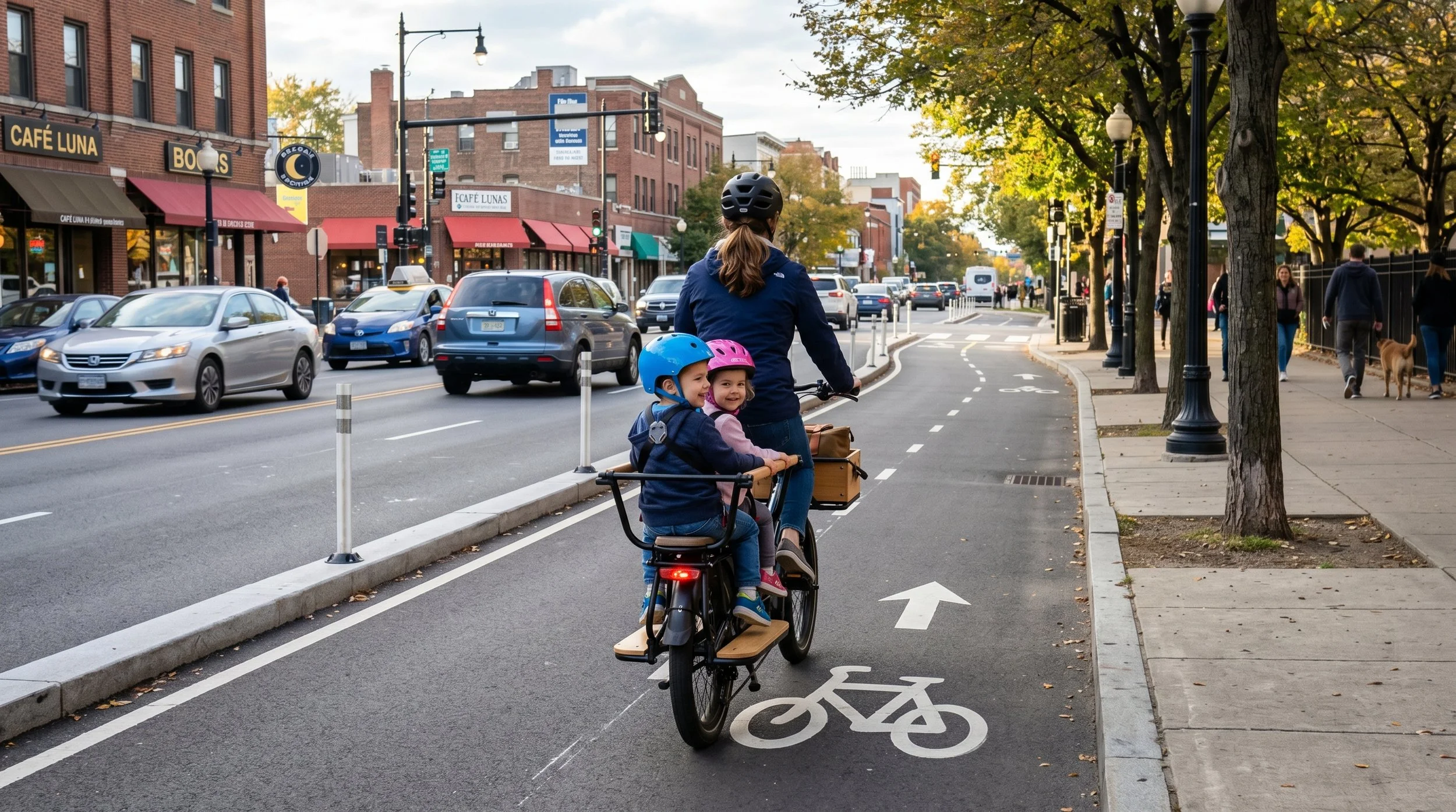 A woman and two children riding a bicycle in a bike lane o. The children are wearing helmets, and the woman has a ponytail. The street has cars parked on the side and people walking on the sidewalk. Trees line the sidewalk, and buildings are visible in the background.
