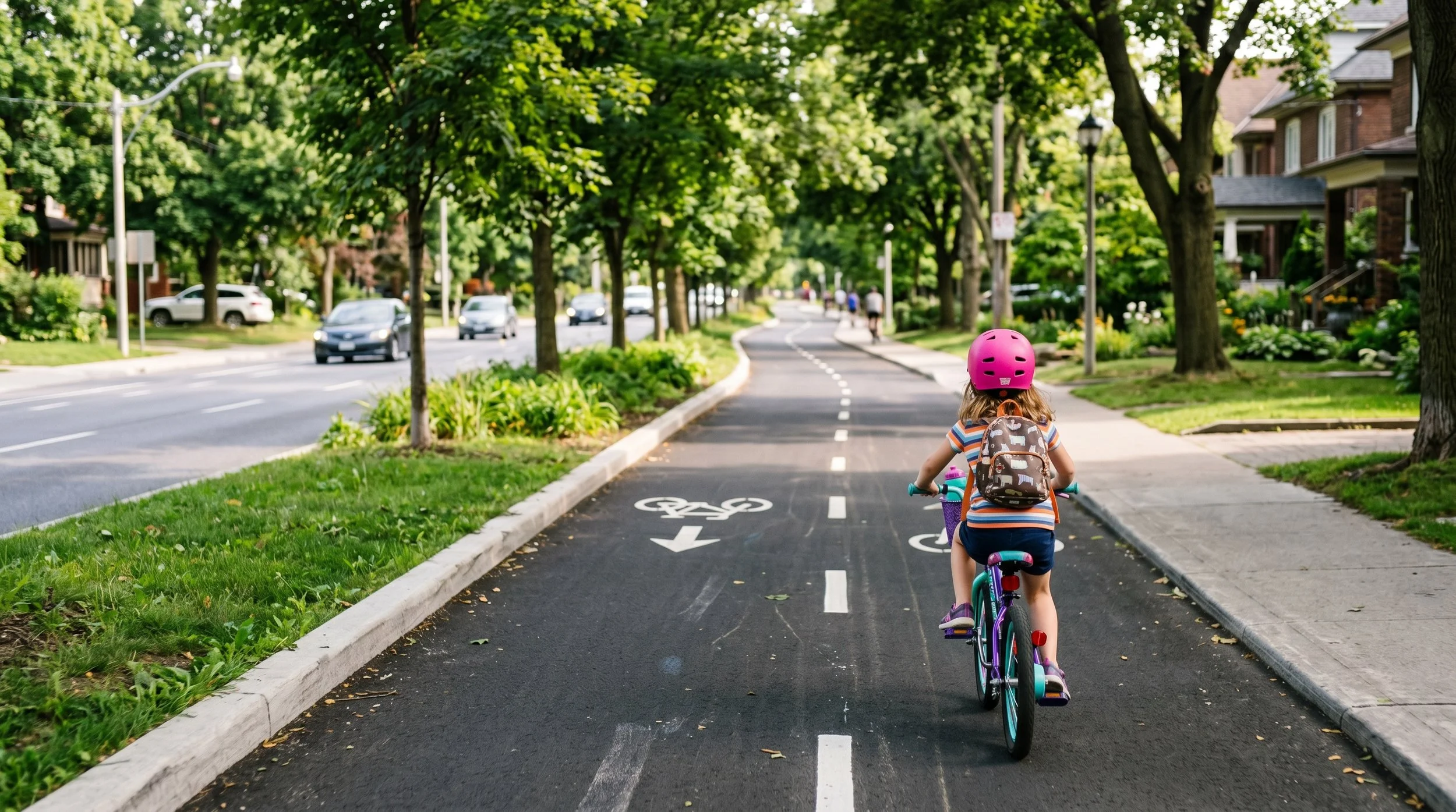 A young girl riding a bicycle on a designated bike lane in a suburban neighborhood with houses, trees, and cars visible in the background.