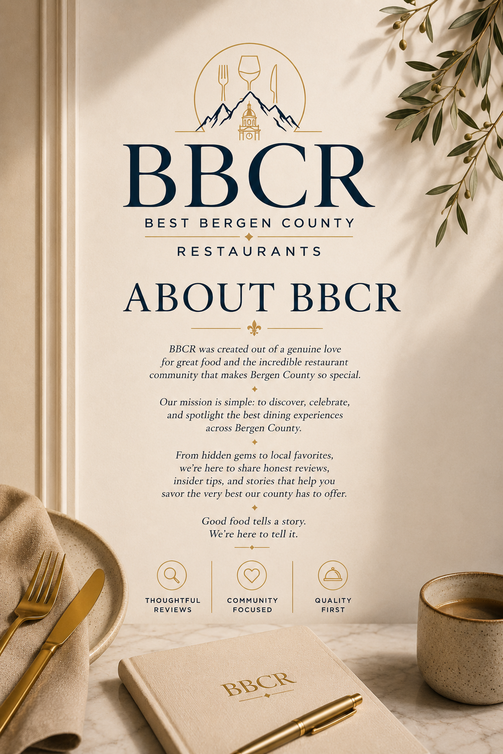 Poster titled "About BBCR" with the logo "BBCR" for Best Bergen County Restaurants. The poster explains the mission to spotlight Bergen County's best dining experiences, emphasizing reviews, community focus, and quality. Contains icons for reviews, community, and quality, alongside a notebook, fork, knife, pen, and a cup.