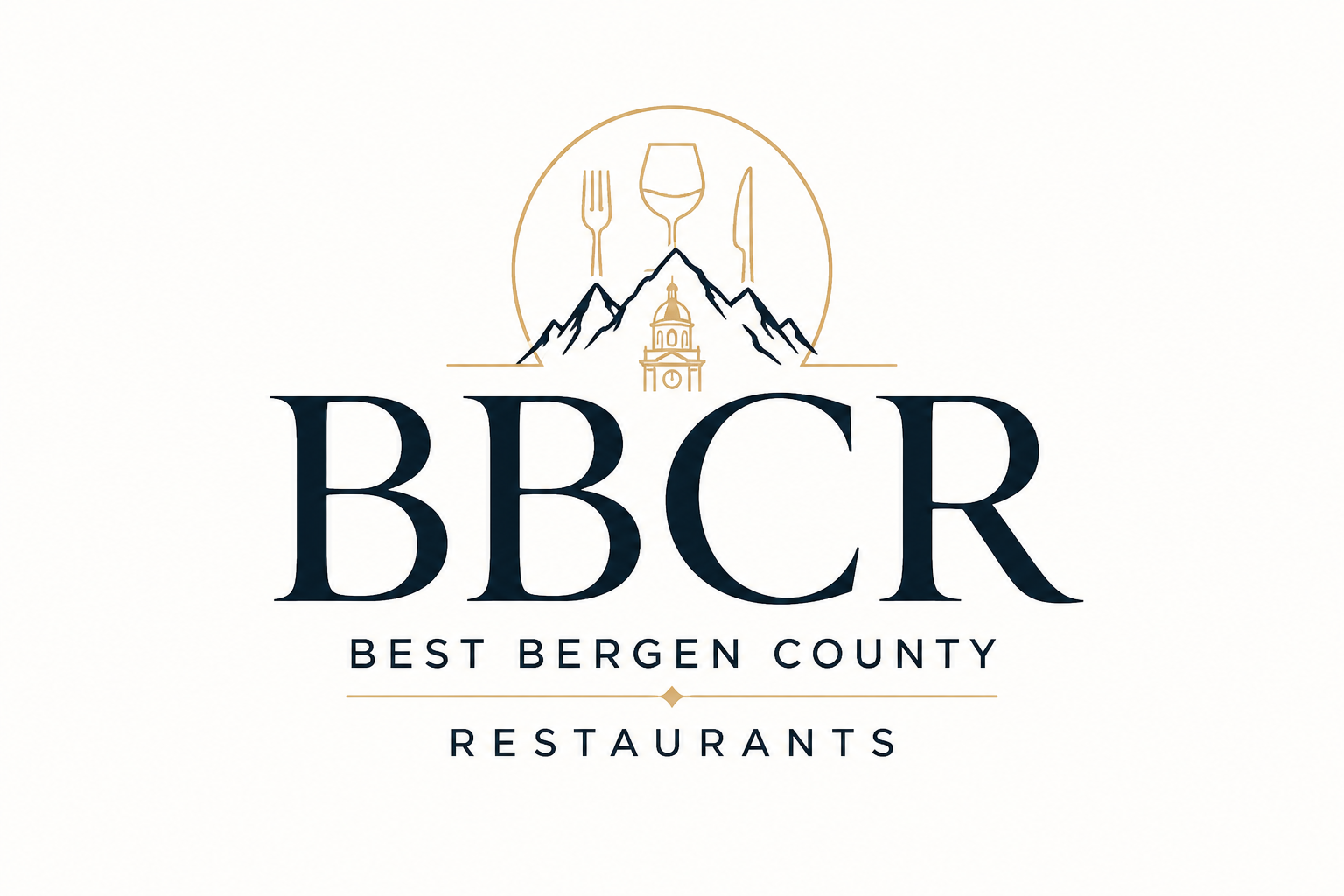 Logo for Best Bergen County Restaurants with stylized mountain, clock tower, and dining icons.