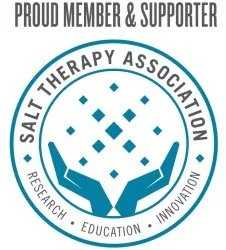 Salt Therapy Association logo with hands holding a cluster of small diamond-shaped icons, and text 'Proud Member & Supporter'.
