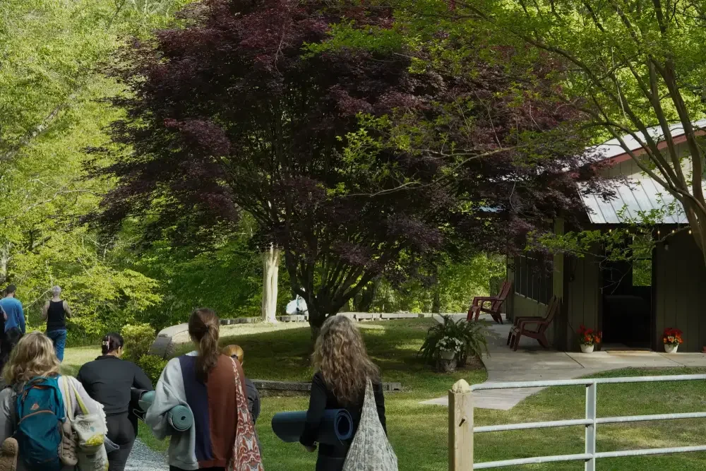 A group of people walking outdoors in a park with green trees and a building with an awning, flowers, and chairs.