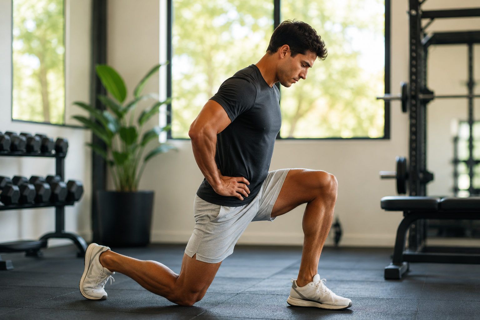 Athletic man training in a modern gym, representing strength, recovery and performance support with CJC-1295 peptide therapy in Wilmington, NC.