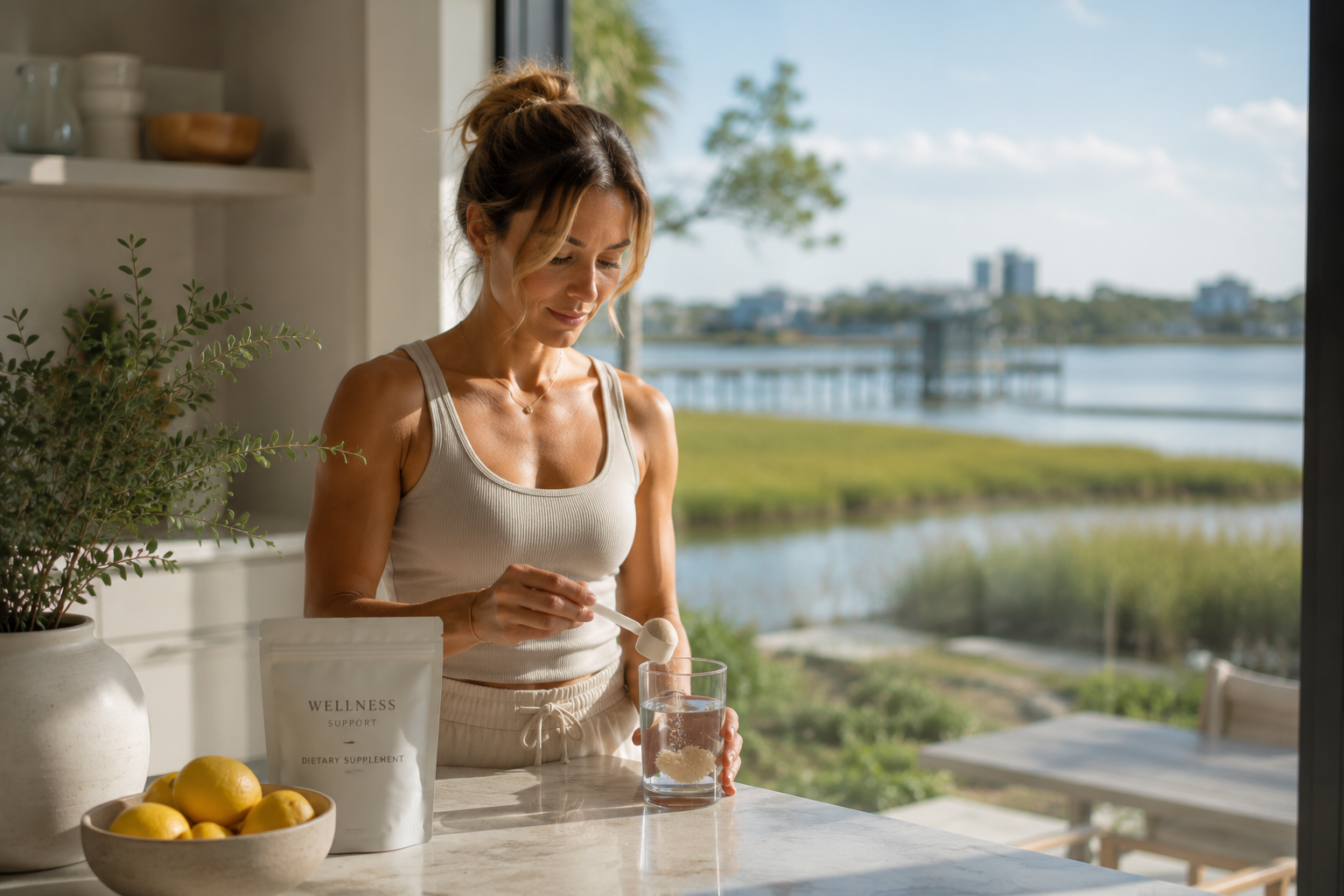 Woman preparing a wellness drink, representing tirzepatide support for medical weight loss and metabolic health