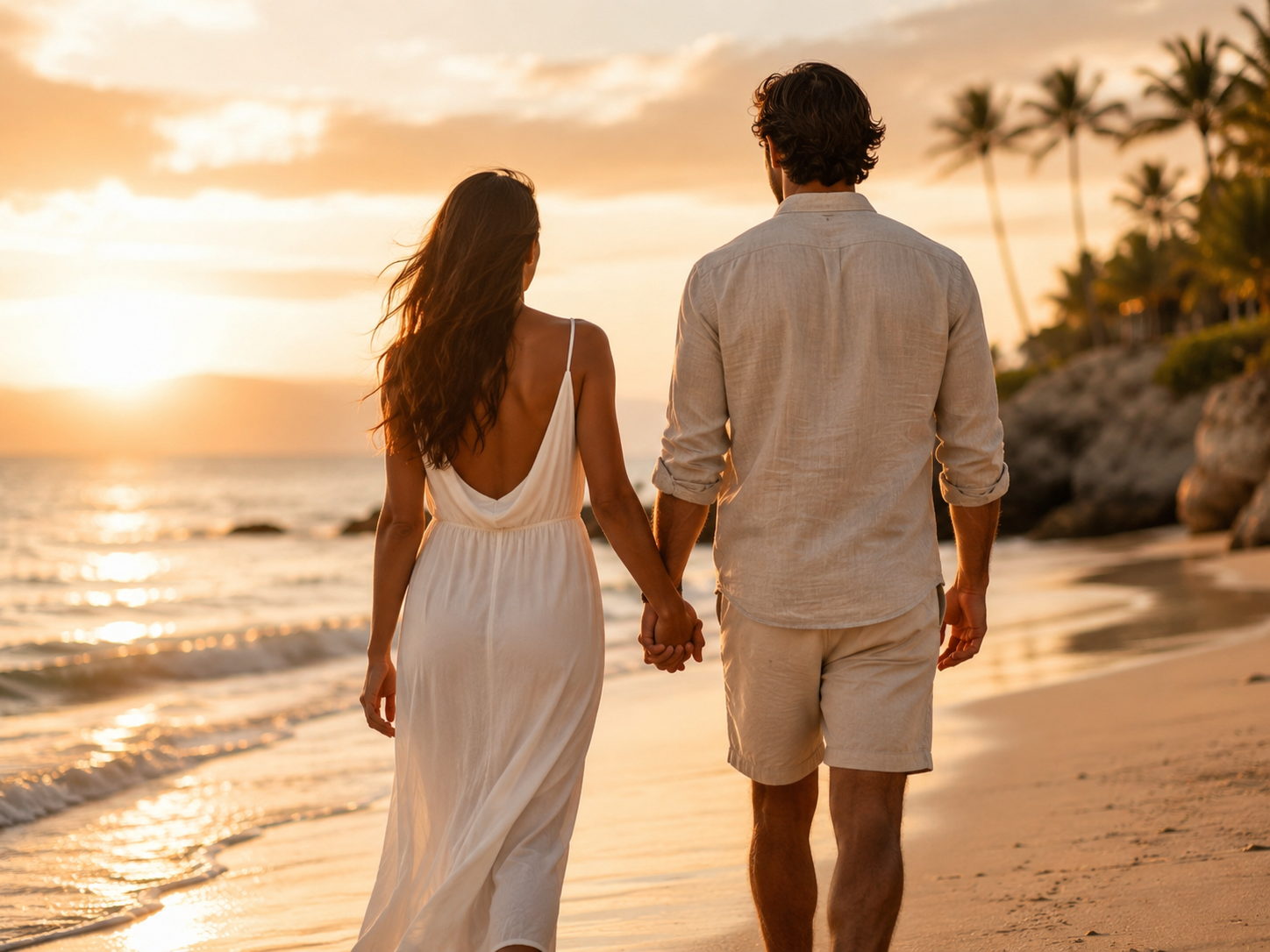 Couple walking hand in hand along the beach at sunset, representing connection and intimacy support with PT-141 peptide therapy in Wilmington, NC.