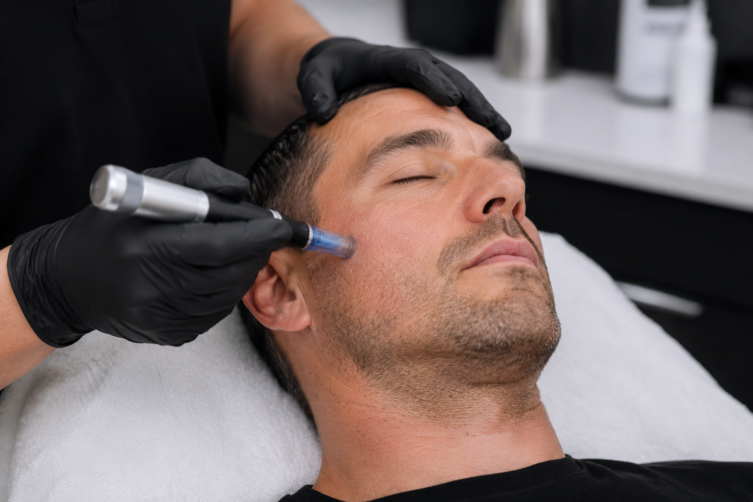 Men’s microneedling treatment at In Depth Health and Performance in Wilmington, NC to support collagen, skin texture, and fine lines.