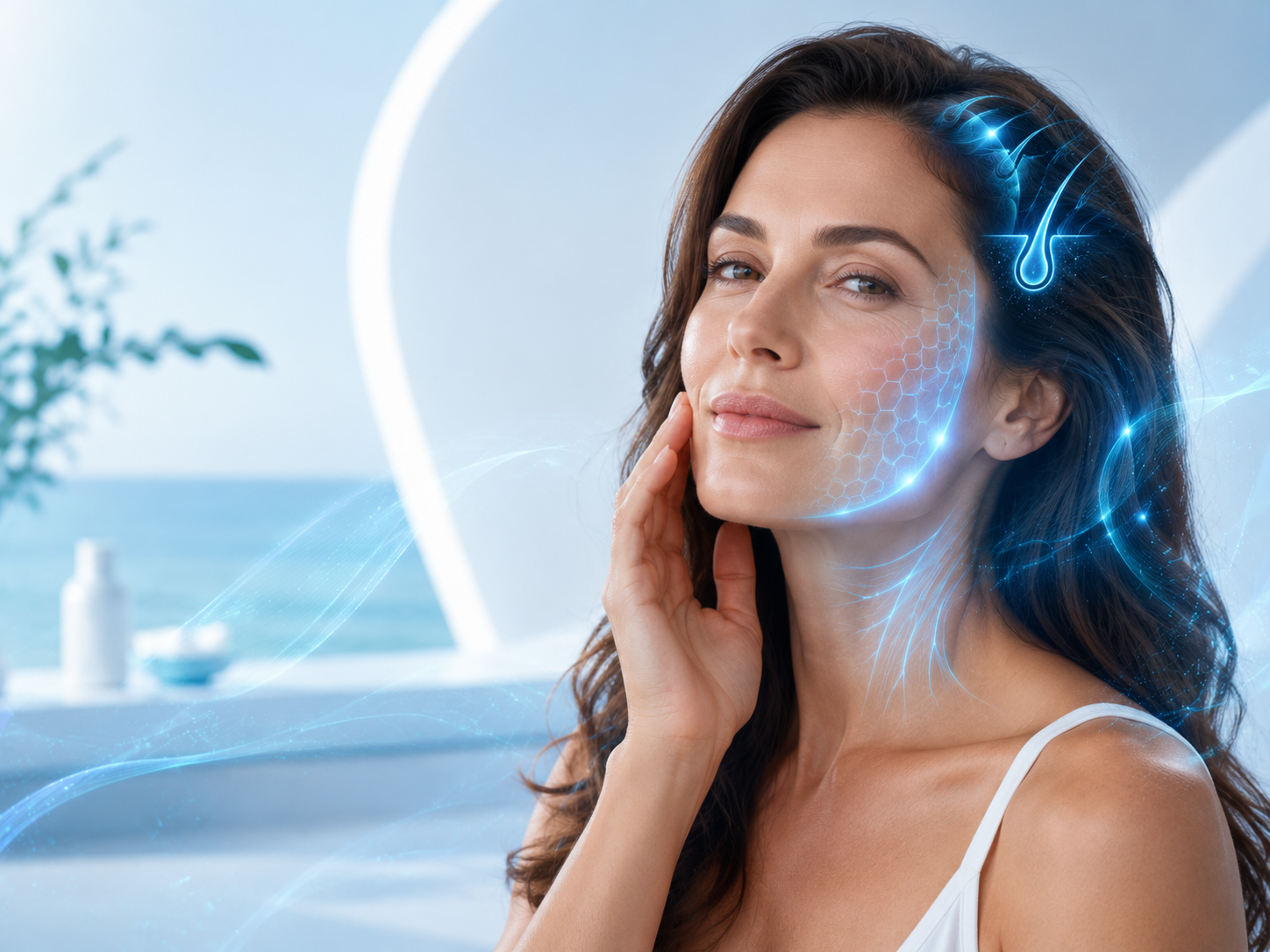 Woman with glowing skin and hair follicle visualization representing GHK-Cu peptide therapy for skin rejuvenation and hair support in Wilmington, NC.