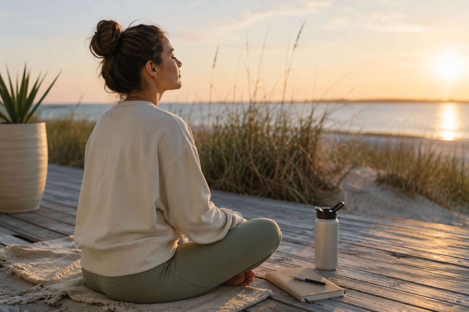 Woman meditating beside the water at sunrise, representing calm, stress support and emotional balance with Selank peptide therapy in Wilmington, NC.
