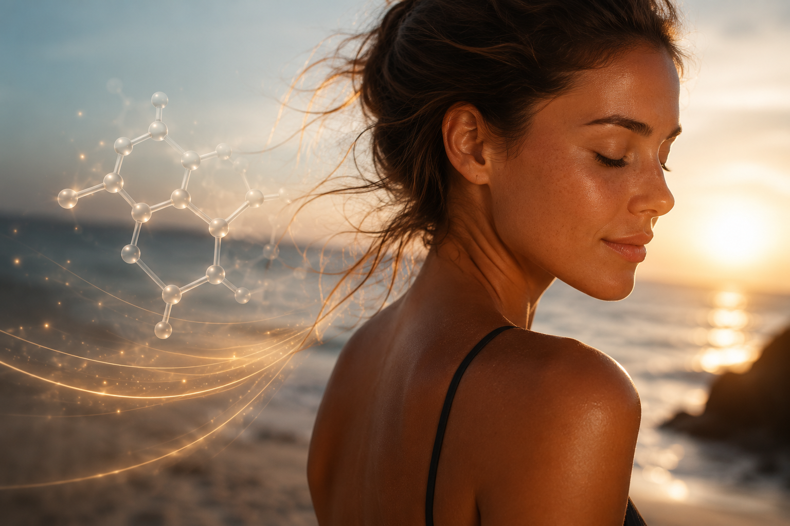 Woman with sun-kissed skin and warm glowing energy representing MT-2 peptide therapy for pigmentation and tanning support in Wilmington, NC.
