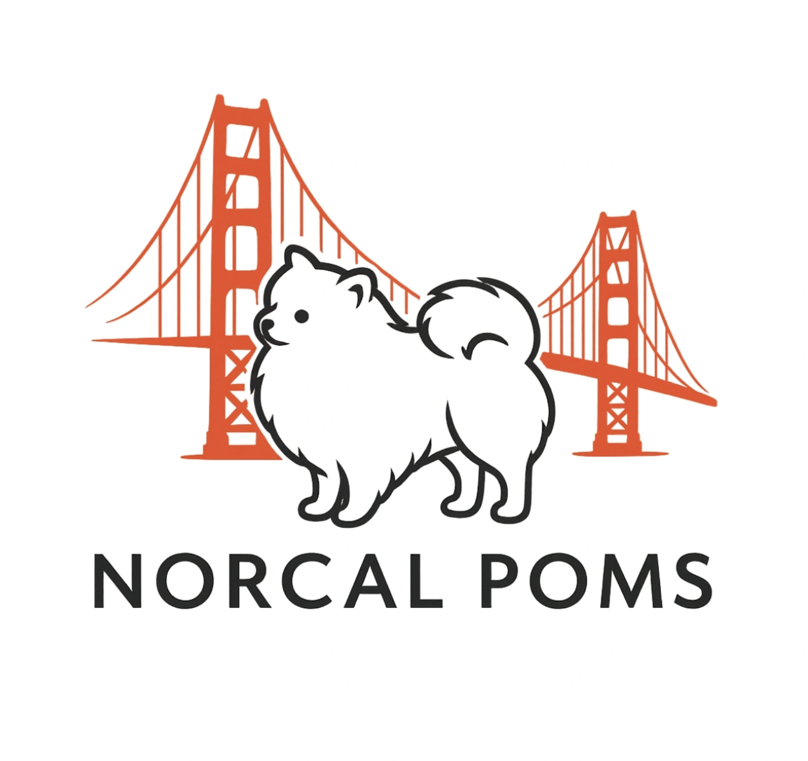 Illustration of a fluffy dog in front of the Golden Gate Bridge with the text 'NORCAL POMS' underneath.