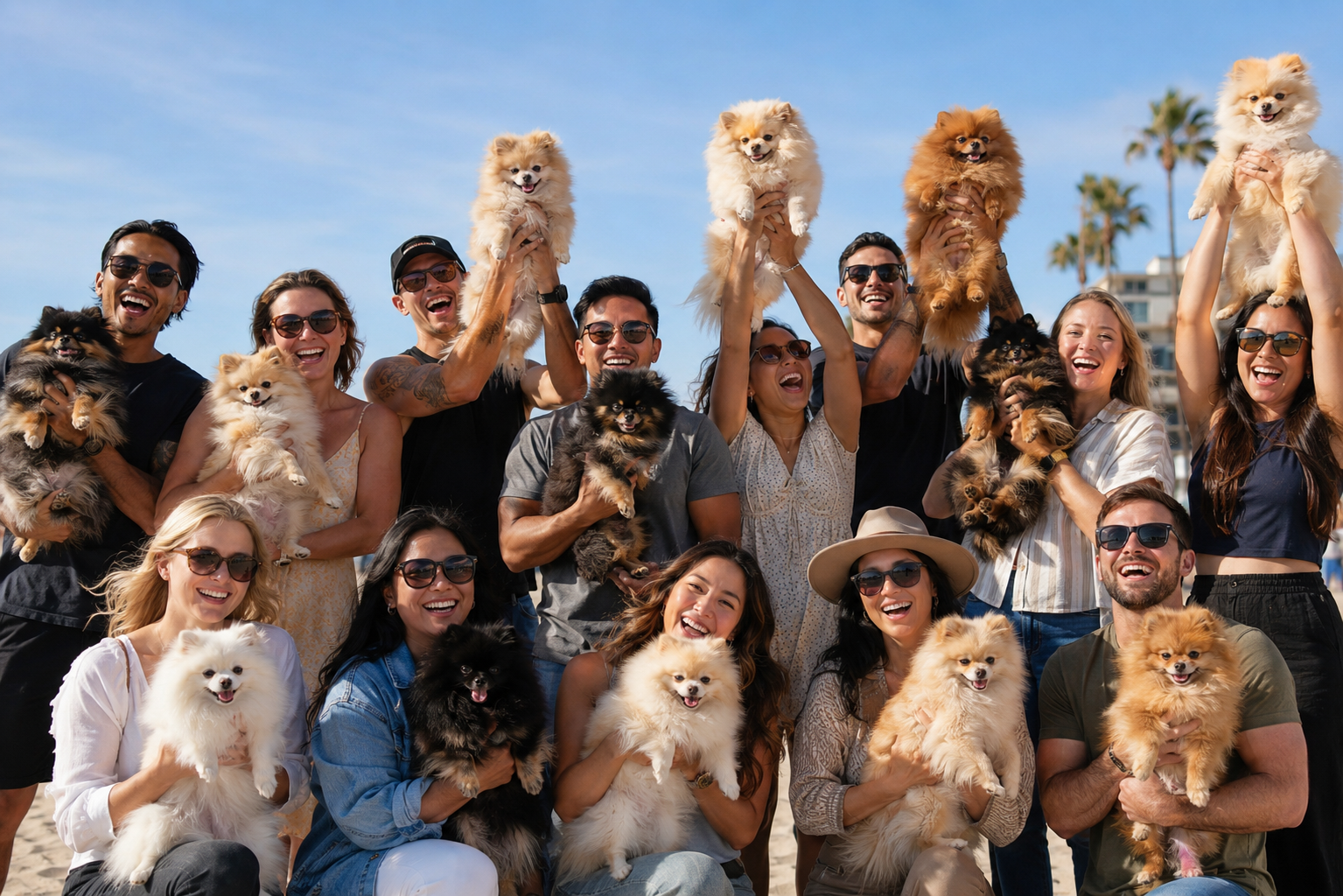 Group of smiling people holding small dogs on a sunny beach with blue sky and palm trees in the background.