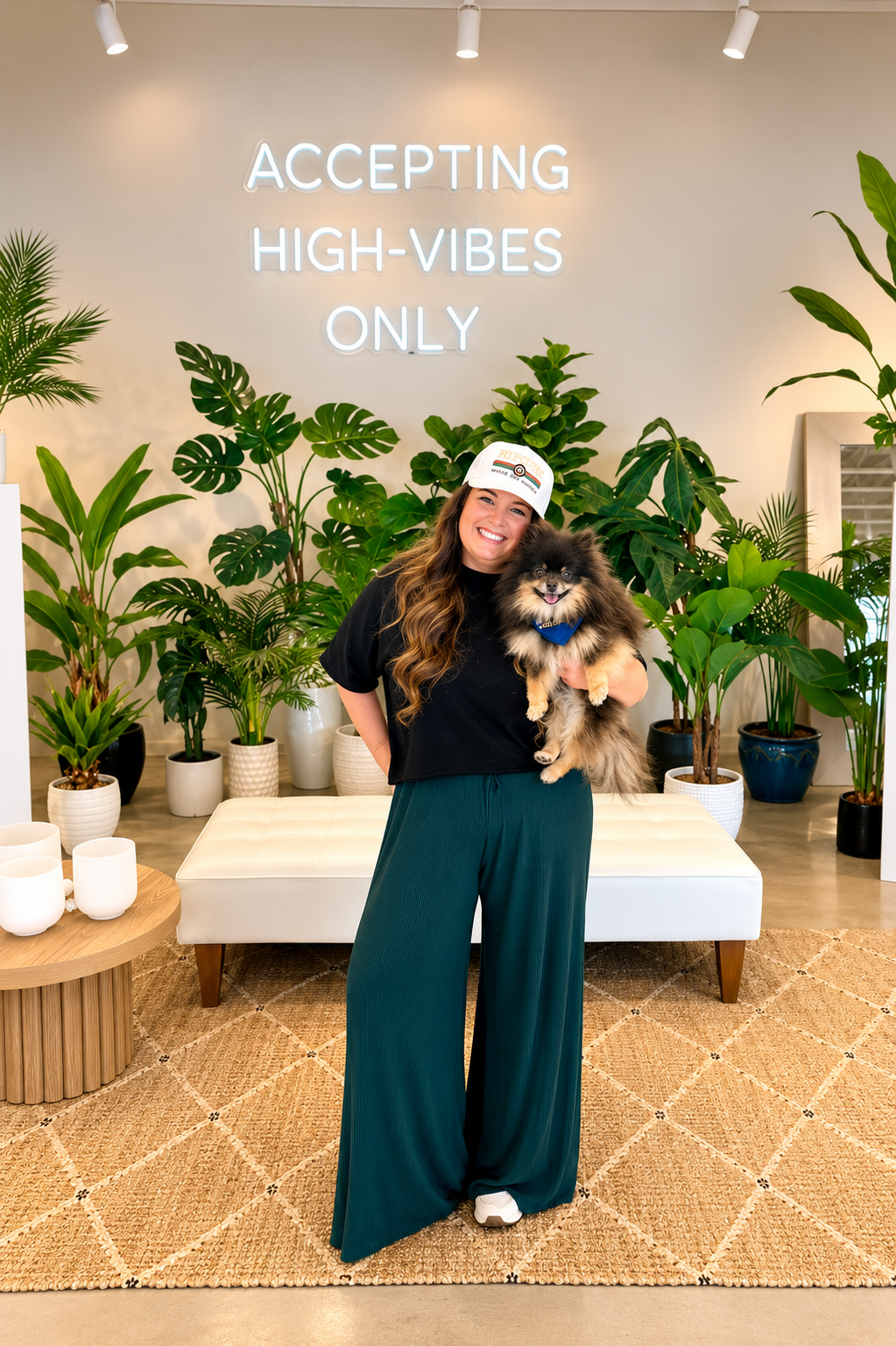 A woman holding a small fluffy dog standing in front of a white wall with a neon sign that reads "Accepting High-Vibes Only." She is smiling and has long wavy hair, wearing a white cap, black t-shirt, and teal wide-leg pants. The background features various potted green plants and a white bench.