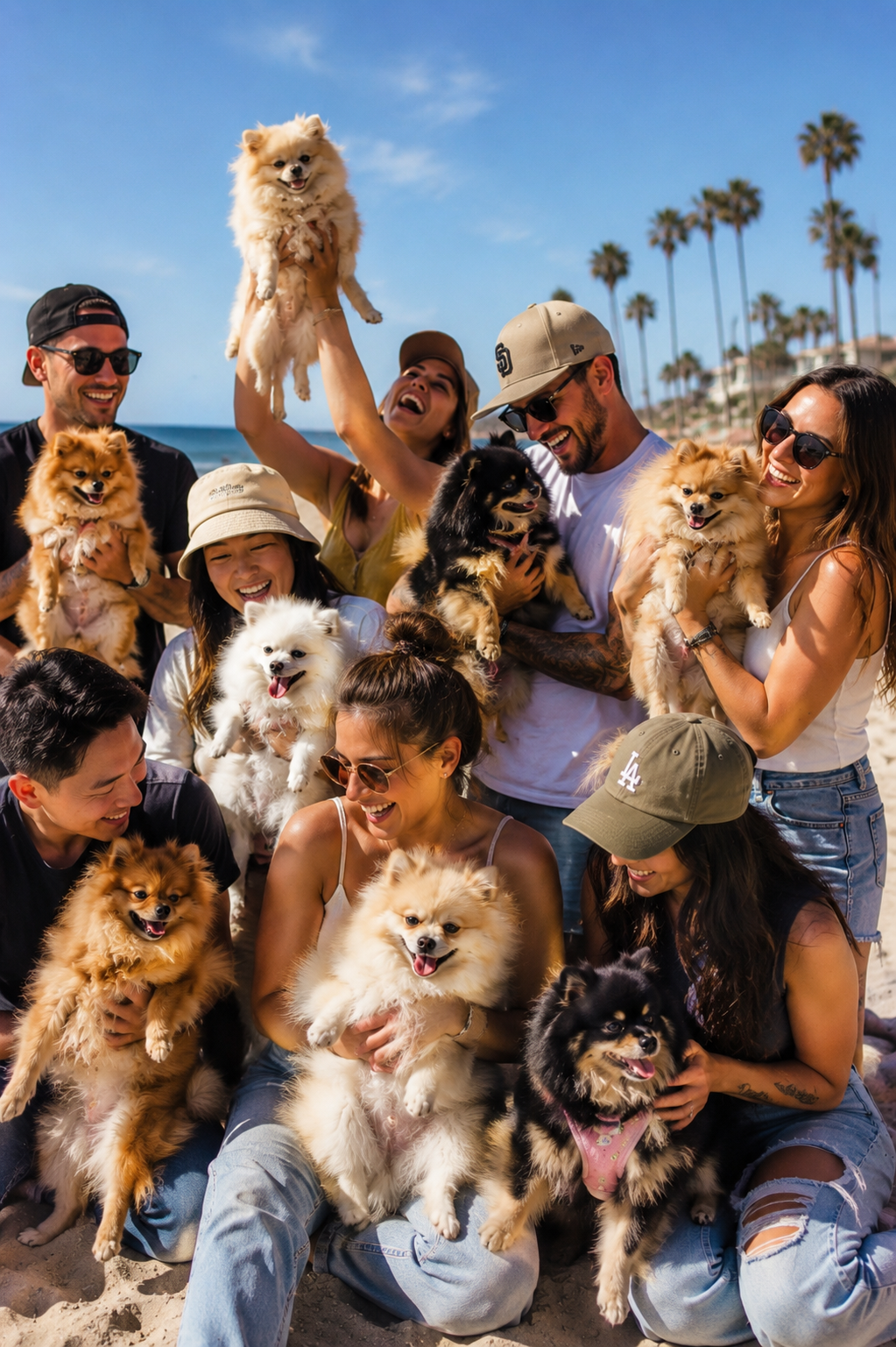 A group of happy people at the beach holding various small dogs, with palm trees and blue sky in the background.