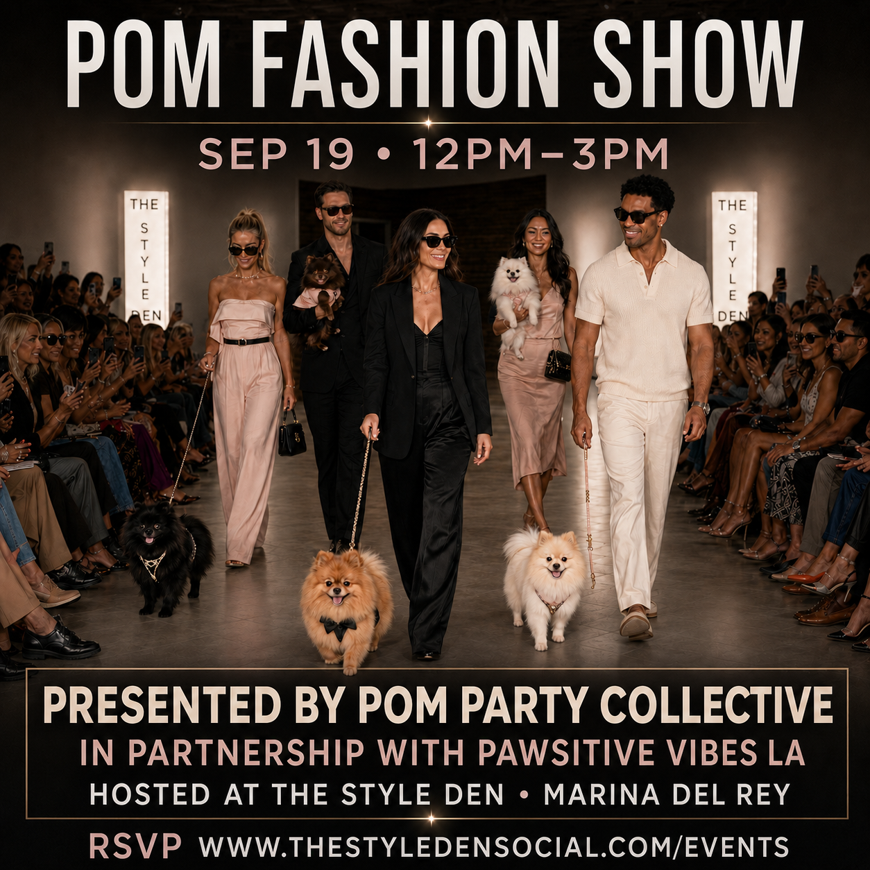 A colorful poster promoting an indoor dog lovers event called Paws Fest, featuring a fashion show, vendors, treats, and entertainment, with two dogs wearing sunglasses and accessories.