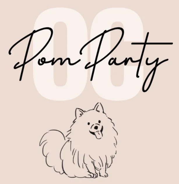 Celebrating a 100th Pom Pom Party with a large number 100, handwritten text, and a cute cartoon illustration of a fluffy dog.